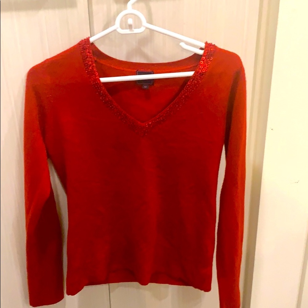 Red V neck sequin sweater size M